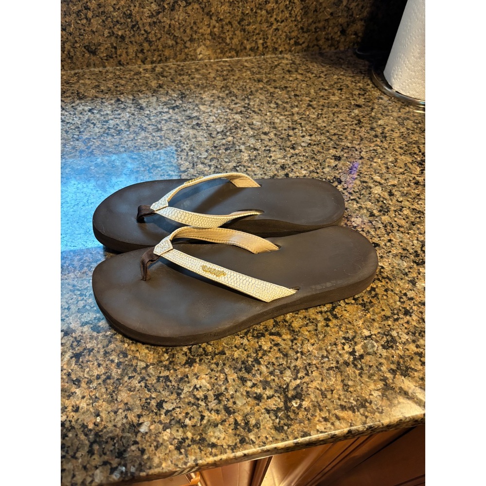 Reef Cushion Court Flip Flops Brown Champagne Gold Metallic Snakeskin Sandals